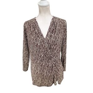 Jones New York brown zebra print v neck side knot 7/8 sleeve polyester size xl